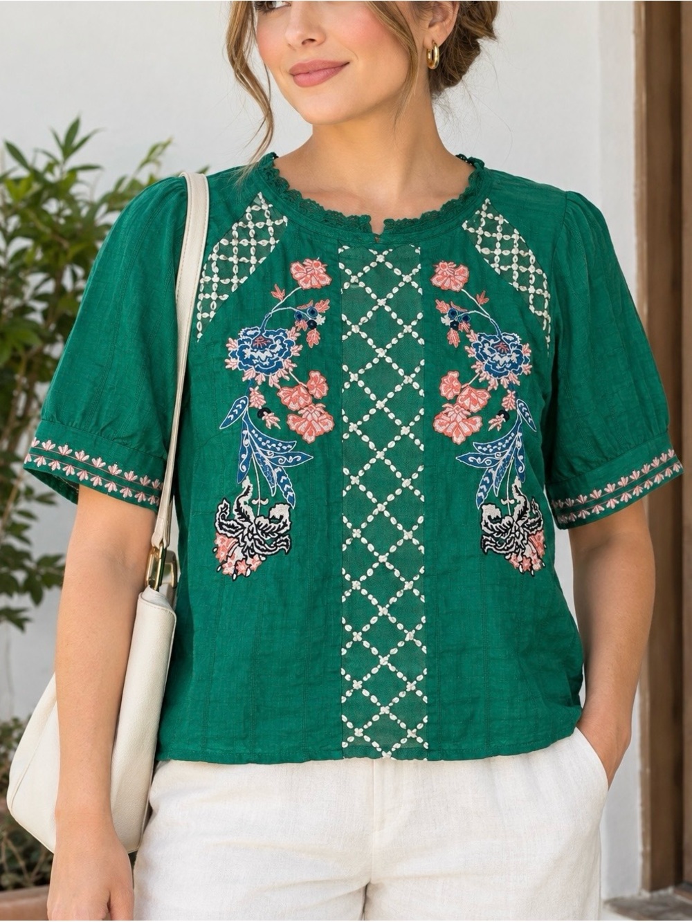 Maeve Antropologie Women Emerald Green Embroidered Floral Blouse light size 6